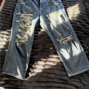 American Eagle Outfitters Relaxed Distressed Jeans - Blue and Cream